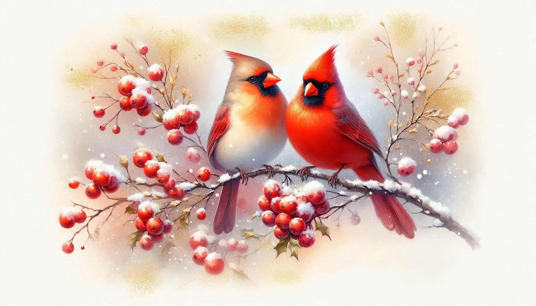 Bright red cardinals sitting on snowy branch with berries