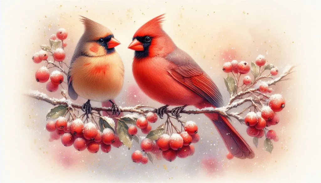 Two Red Cardinals on Snowy Branch