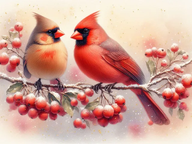 Winter illustration of two red cardinals on frosty twig