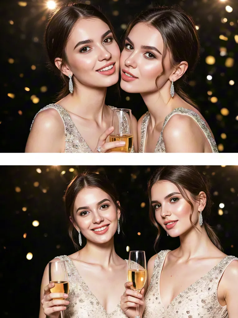 Two women celebrating with champagne in festive lights