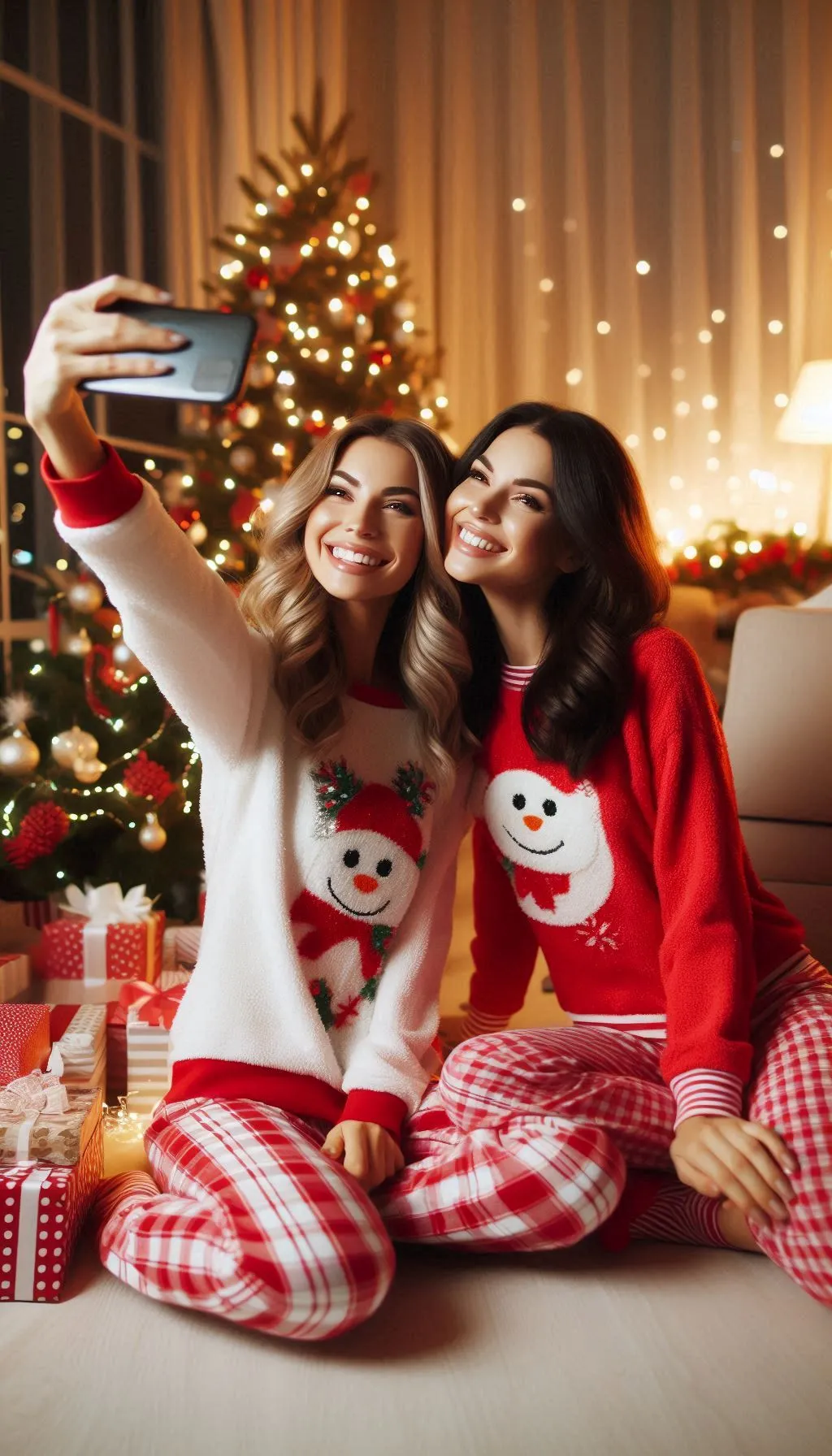 Smiling women in festive pajamas taking a selfie near decorated Christmas tree