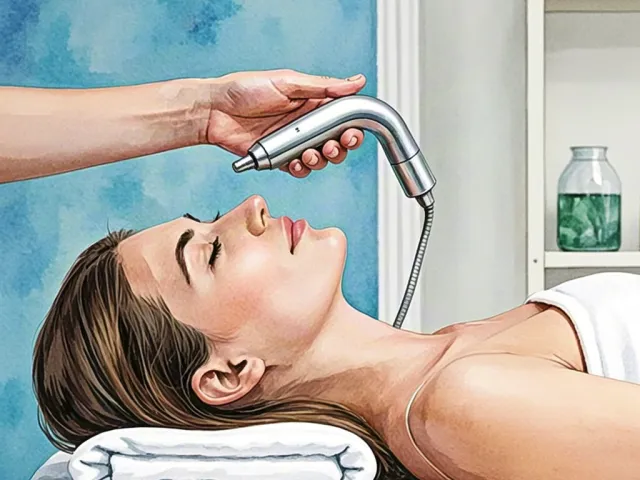 Esthetician using an ultrasonic spatula on a woman's face in a clinic setting.
