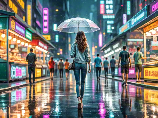 Woman crossing neon-lit night market street with glowing umbrella