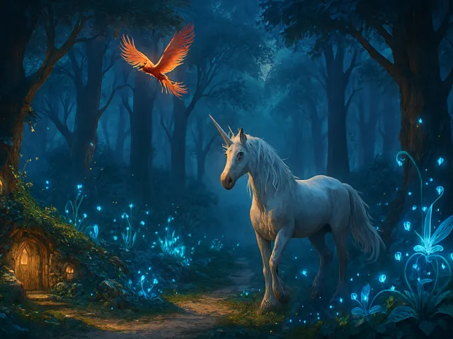 magical white unicorn in a glowing enchanted forest