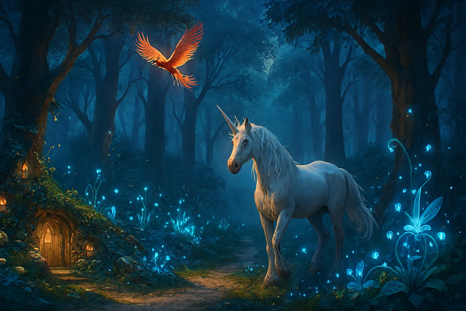 magical white unicorn in a glowing enchanted forest