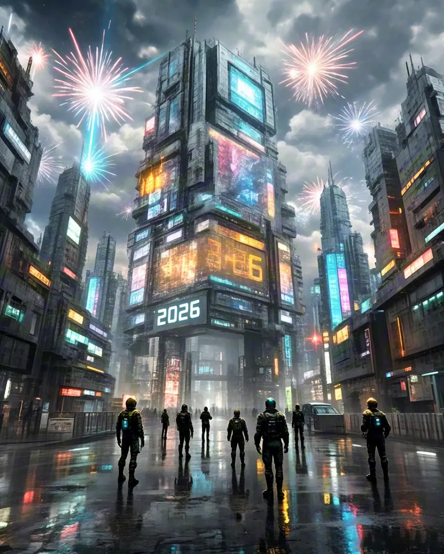 People walking through rainy neon-lit cyberpunk city with 2026 hologram billboard
