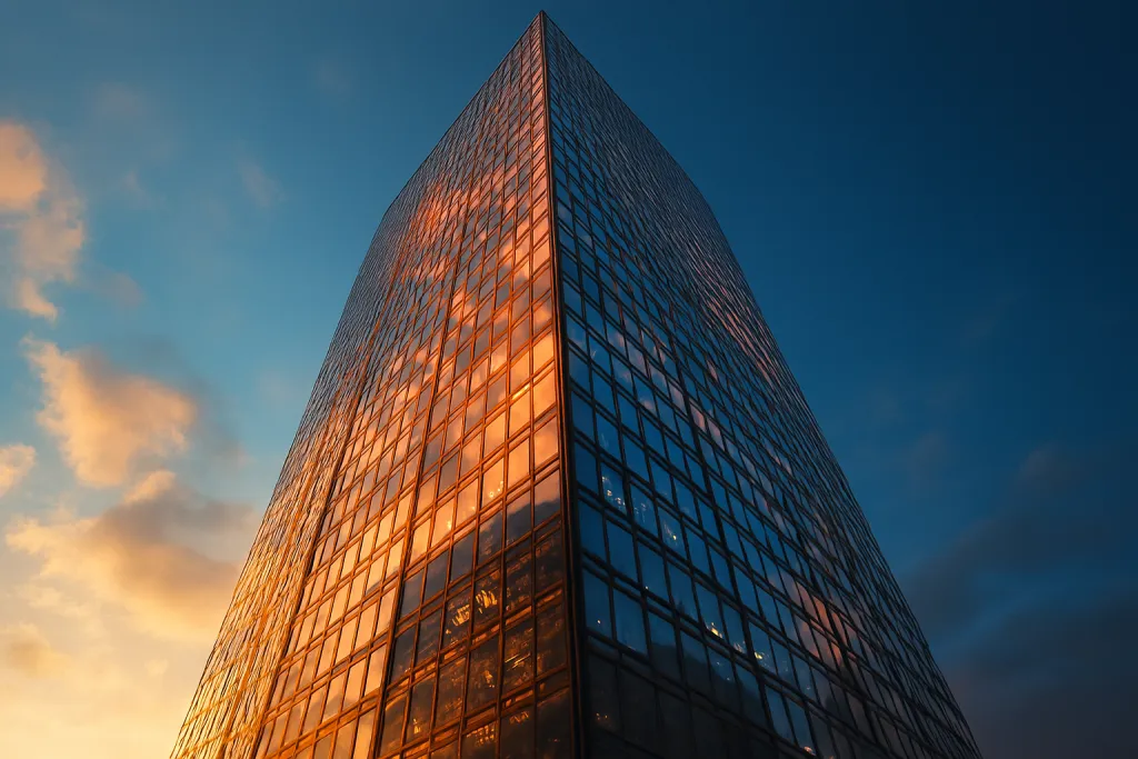 Modern glass skyscraper reflecting golden sunset light