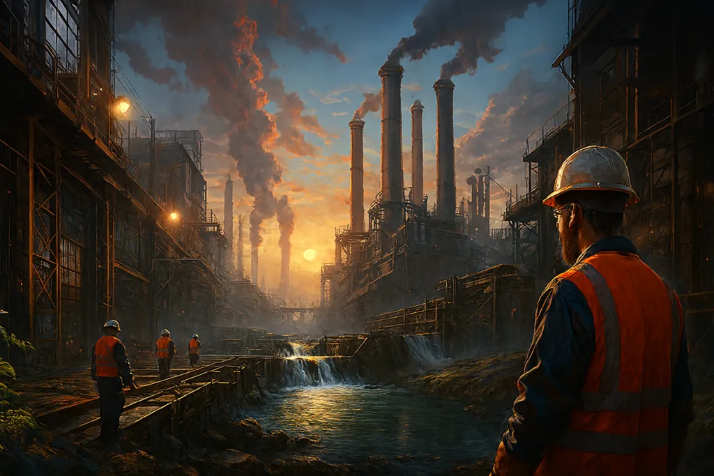 Dystopian industrial city at sunset