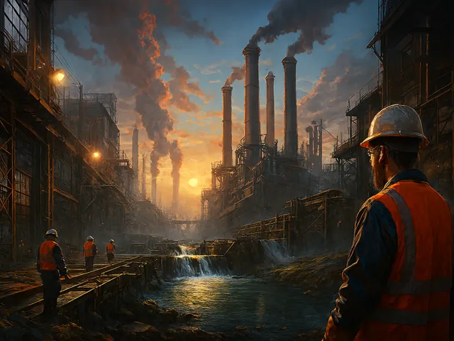 Futuristic dystopian city with factories at sunset