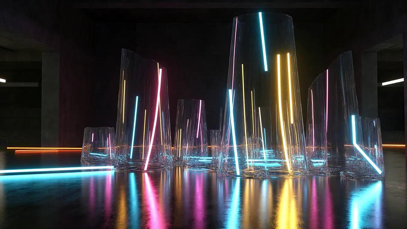Futuristic neon light pillars in reflective hall