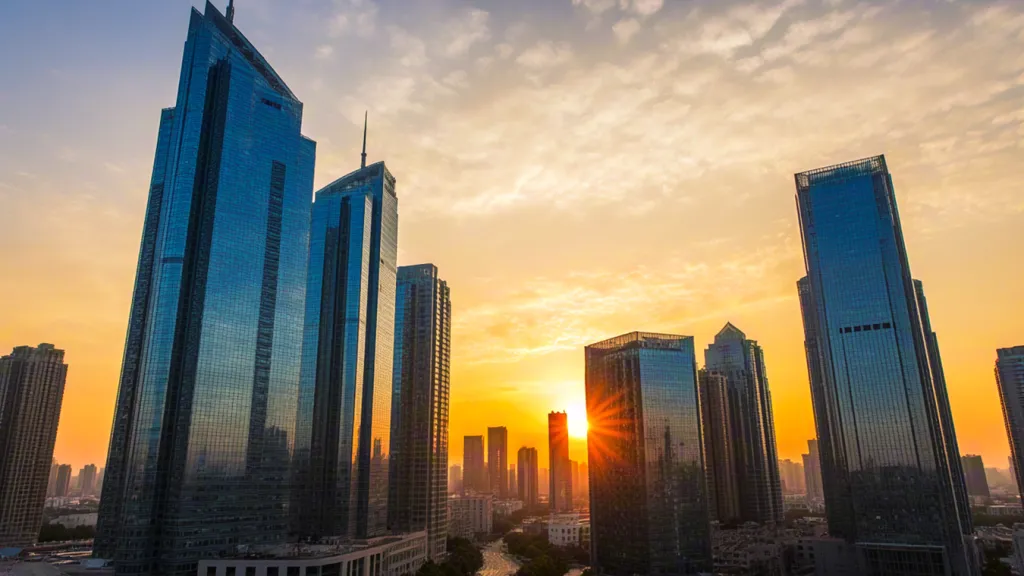 City towers glowing at golden hour