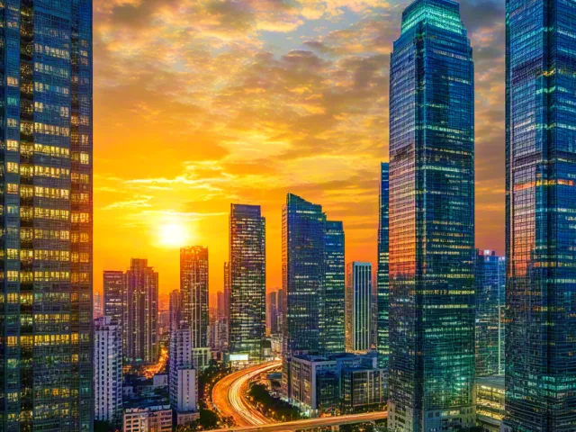 Aerial photo of a modern city skyline during sunset with illuminated buildings and warm colors