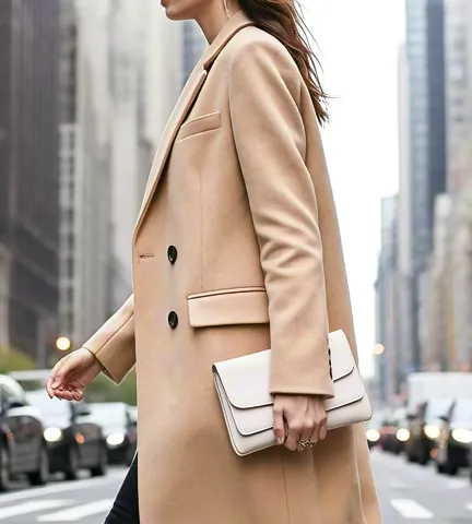 Modern woman walking confidently on city crosswalk at daylight.