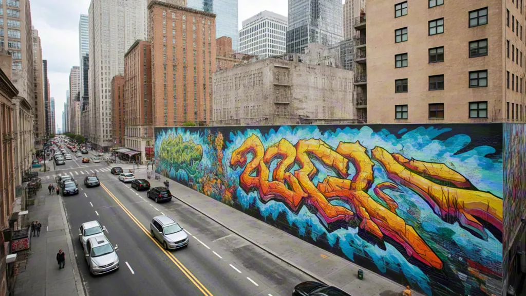 Urban street with colorful mural