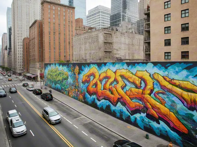 City street art mural on tall building