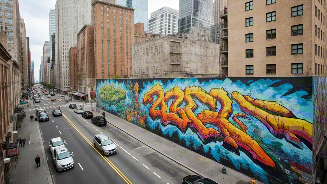 City street art mural on tall building