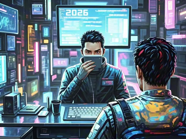 man using futuristic computer system surrounded by neon screens showing 2026