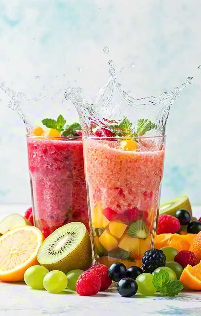 Vibrant summer smoothies with fresh fruits and ice