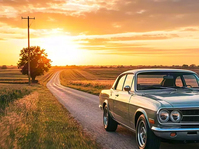 Classic vintage car on a rural road at golden hour with warm sunlight