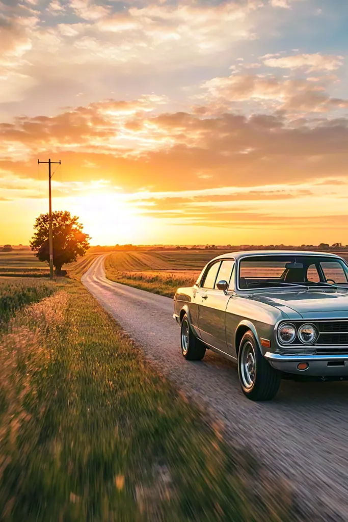 Vintage car driving at sunset on a countryside road