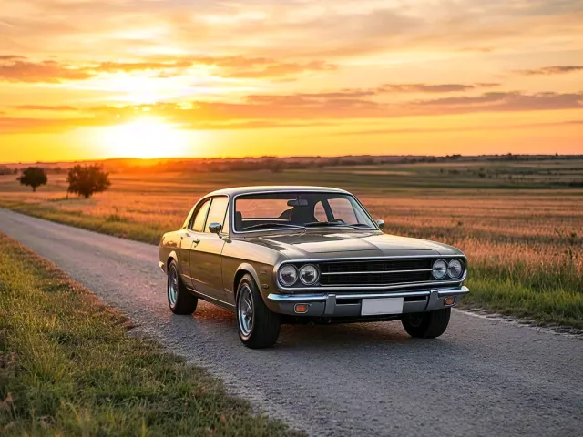 Old classic car driving on rural road during beautiful sunset