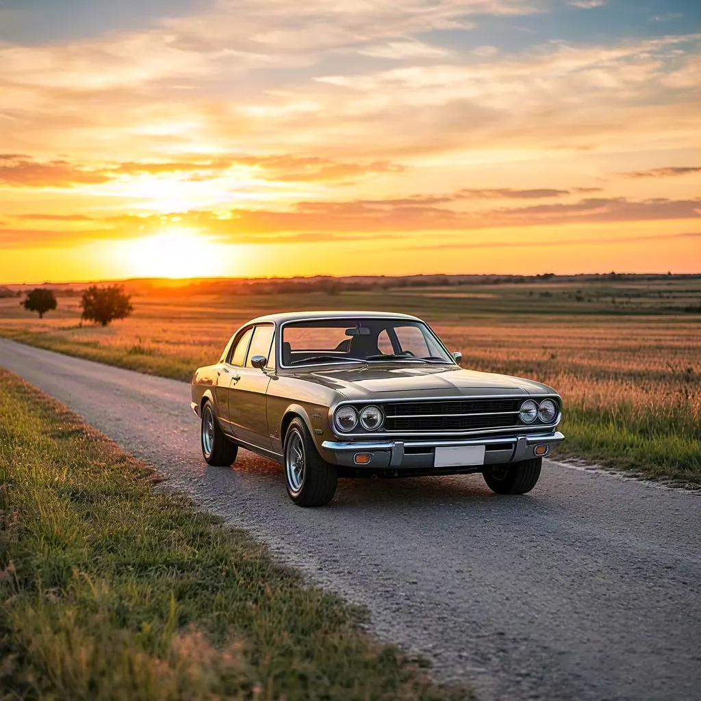 Vintage car on countryside road — sunset travel scene