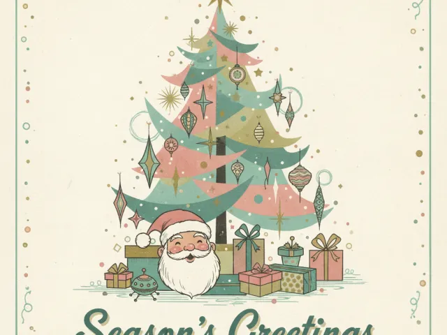 Retro-style illustration of Christmas tree with Santa and pastel decorations
