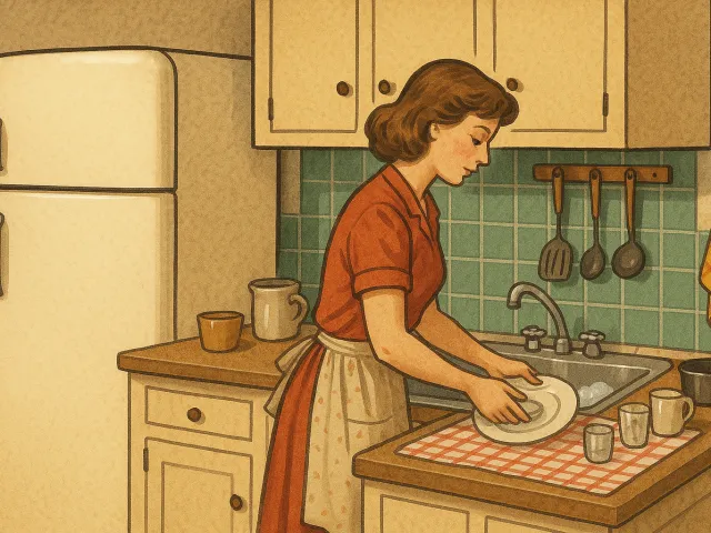 retro illustration of a woman washing dishes in a vintage kitchen