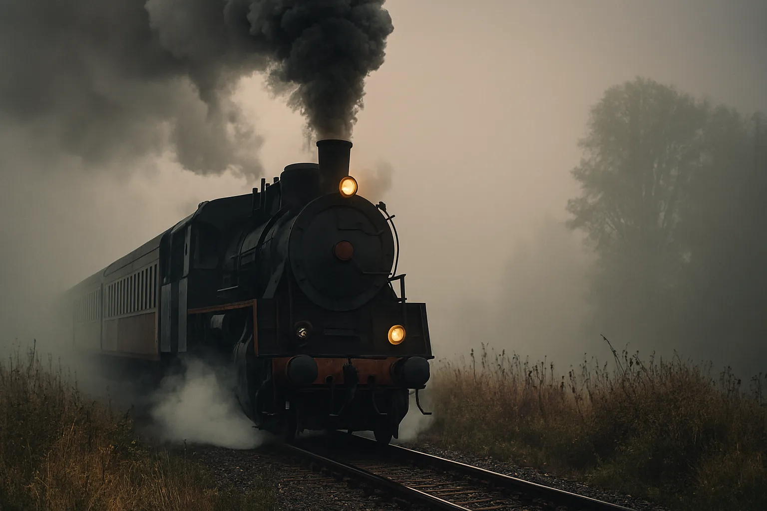 Old steam locomotive emitting dark smoke while traveling through misty rural landscape in early morning light.