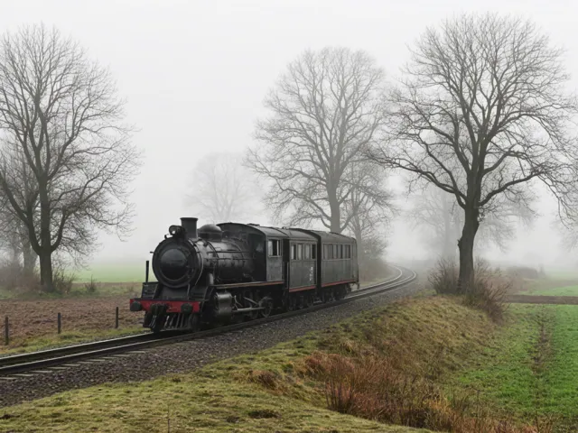 Old train passing through misty rural landscape