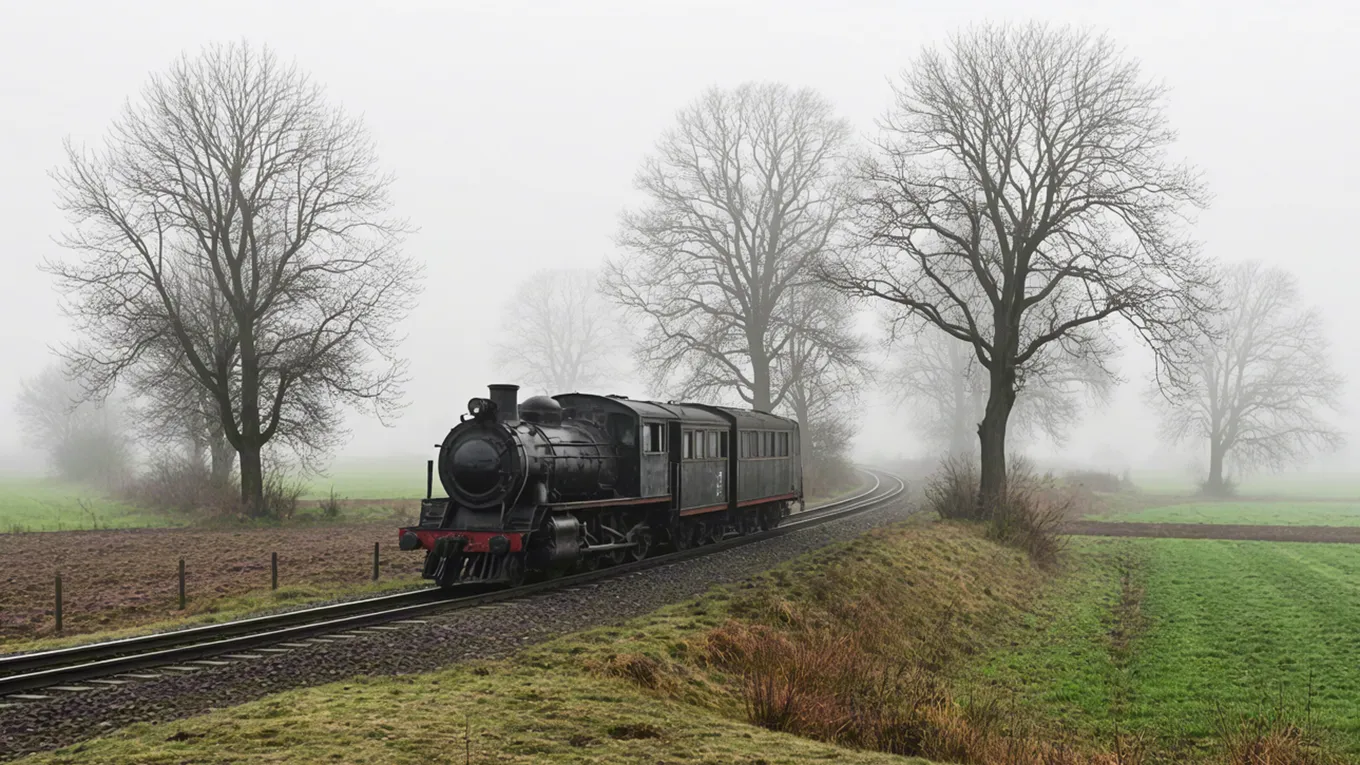 Old train passing through misty rural landscape