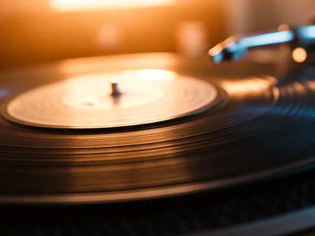 close-up of a vinyl record spinning on a turntable