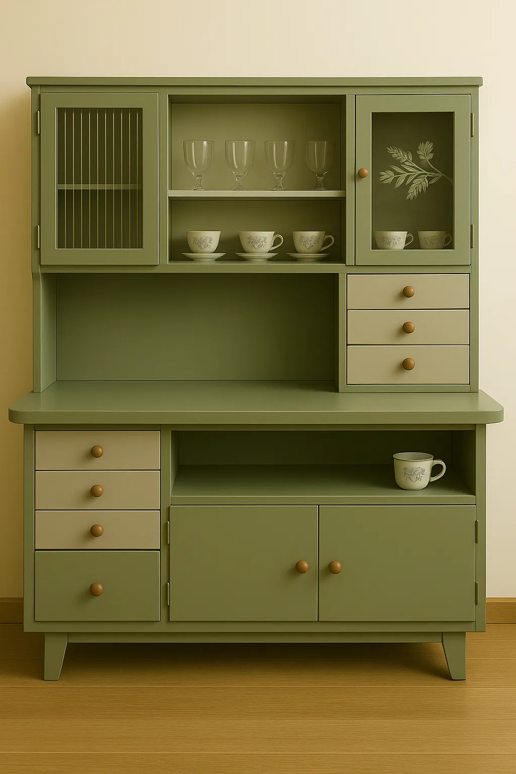Retro wooden kitchen cabinet with glass doors and decorative plates displayed.