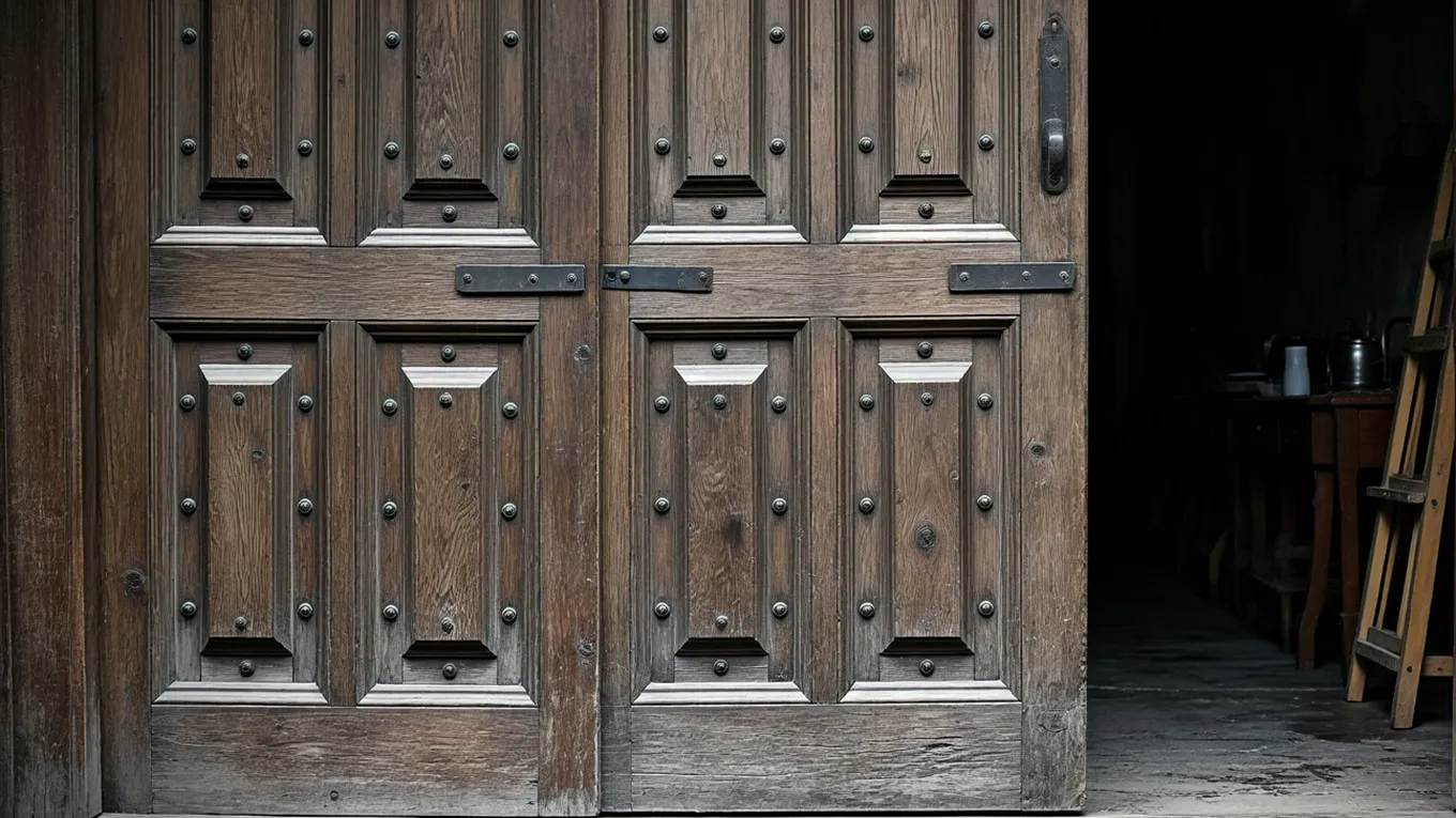 Old rustic wooden double doors with texture