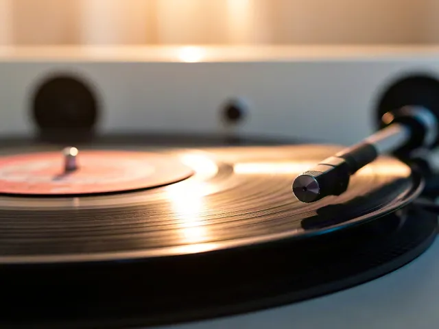 Close-up of vinyl player with spinning record