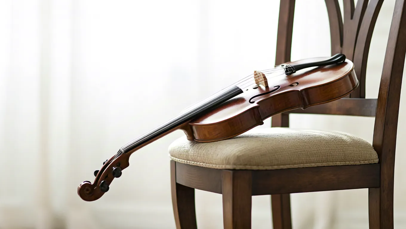 Classical violin resting on chair in studio