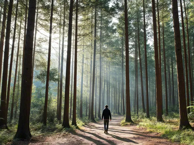 Lone traveler walking on a quiet forest trail surrounded by tall trees and soft morning light, symbolizing peace and reflection.
