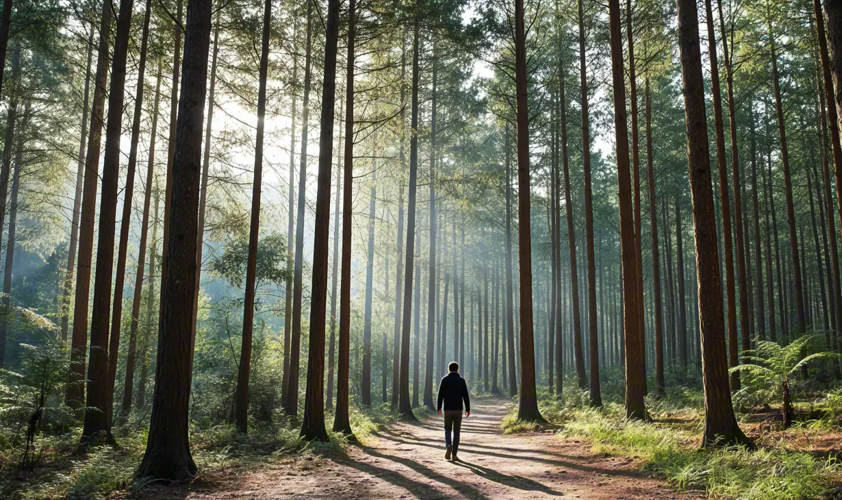 Lone traveler walking on a quiet forest trail surrounded by tall trees and soft morning light, symbolizing peace and reflection.