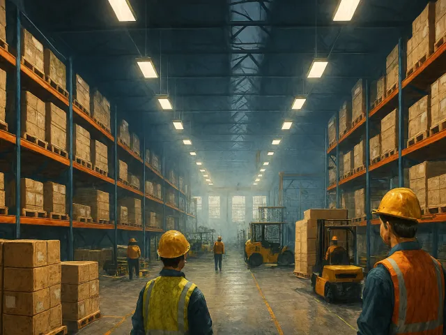 workers walking through tall warehouse storage shelves