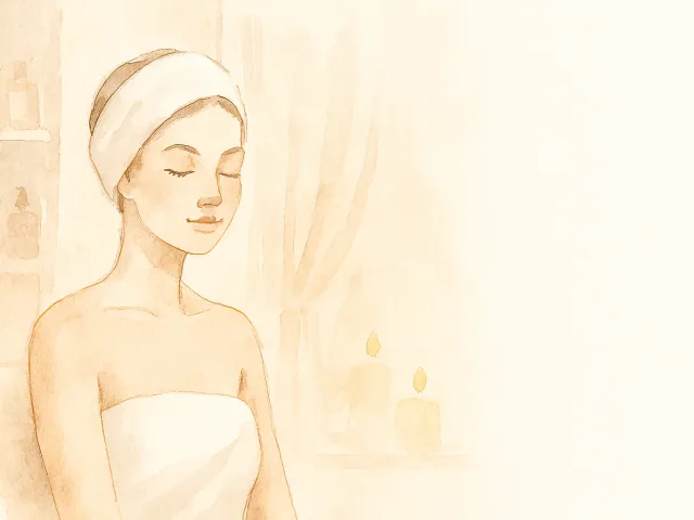 Soft watercolor scene of a woman relaxing in a warm spa environment.