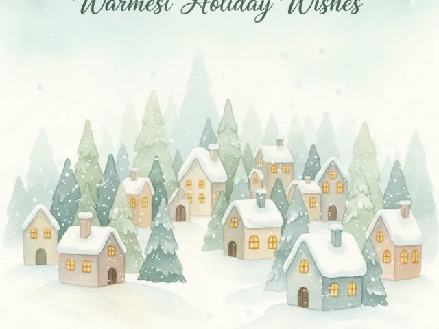 cozy snowy village with small houses and pine trees in soft pastel winter scene