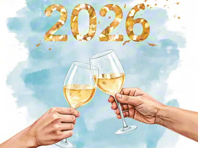 hands clinking champagne glasses under watercolor 2026 text