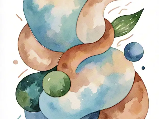 Blue, green and brown watercolor abstract shapes with soft composition
