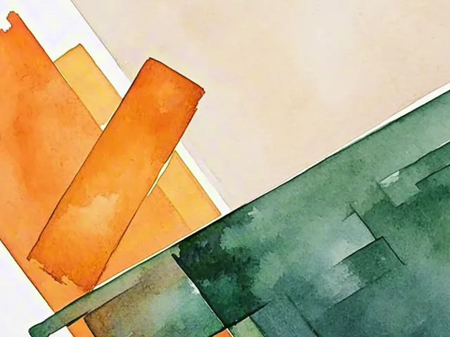 Orange and green geometric watercolor elements in minimal abstract composition