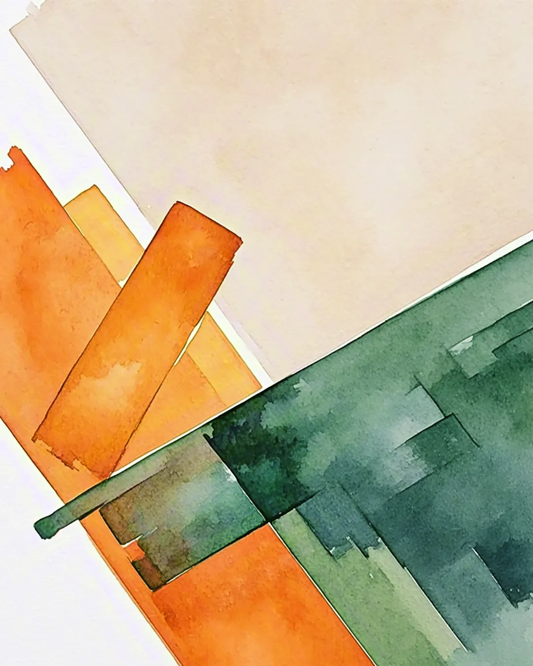 Orange and green geometric watercolor elements in minimal abstract composition
