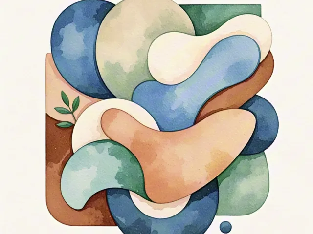 Modern watercolor abstract shapes in blue, beige and brown tones