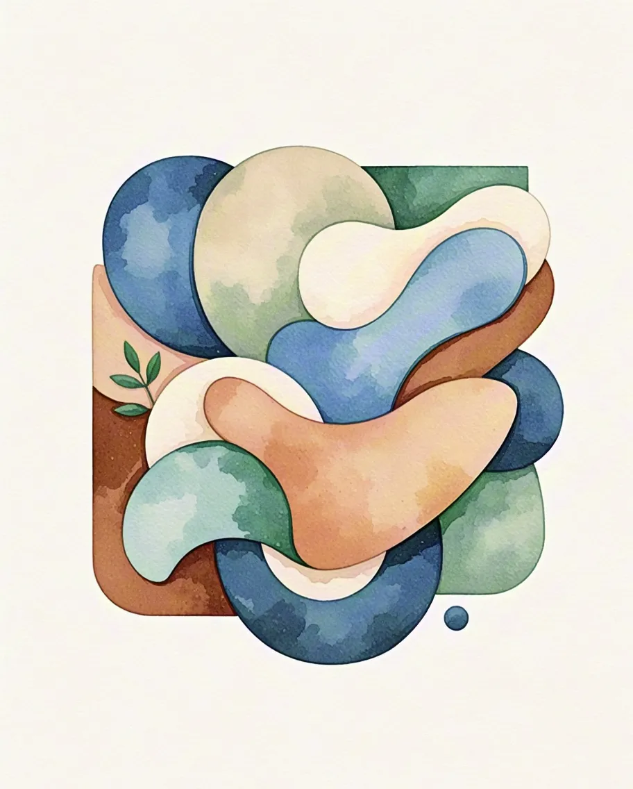 Modern watercolor abstract shapes in blue, beige and brown tones
