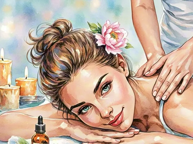 Close-up watercolor illustration of a woman enjoying aromatherapy treatment