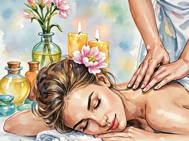 Spa massage with essential oils illustrated in soft watercolor tones
