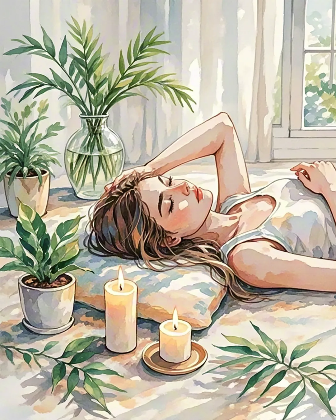Watercolor illustration of a woman resting beside candles and houseplants